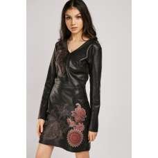 Black Floral Printed Leather Party Outfit