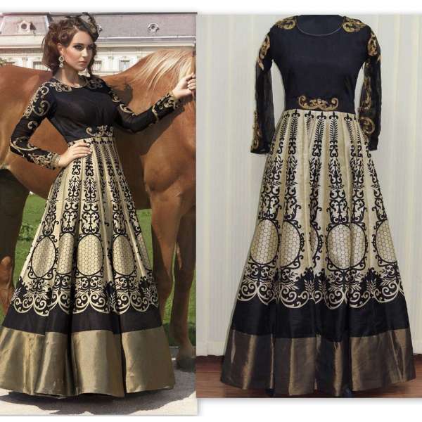 BLACK FLORAL PARTY WEAR DESIGNER INDO WESTERN STYLE ANARKALI GOWN
