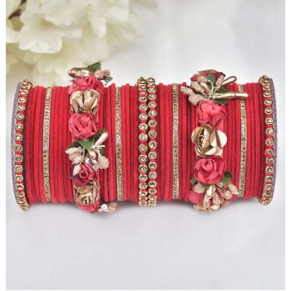 Red Flower Dull Gold Pakistani Women's Bangle 
