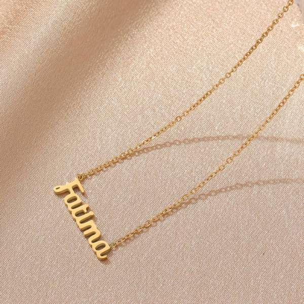 Fatima Arabic Nameplate Stainless Steel Golden Fatima Necklace, Personalised Festival Jewellery Gifts For Women