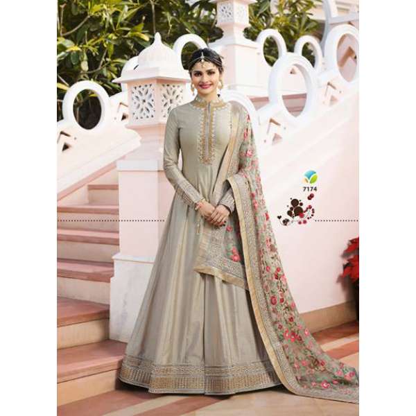 Silver Silk Designer Embroidered Suit Indian Wedding Anarkali Dress