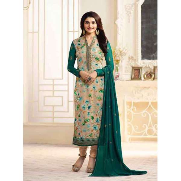 Beige Green Floral Dress Kurti Indian Churidar Salwar Suit 