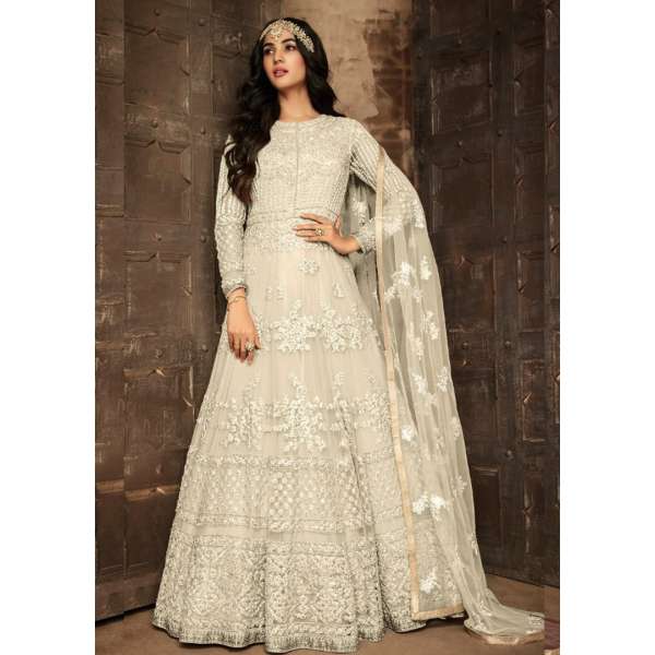 OFF WHITE ASIAN PAKISTANI FASHION ANARKALI GOWN