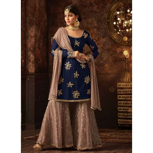 Blue & Beige Wedding Gharara Indian Ethnic Suit UK