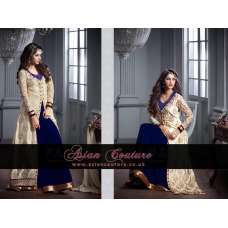 Elegant Cream Embellished Jacket Dress Over Royal Blue Velvet Gown