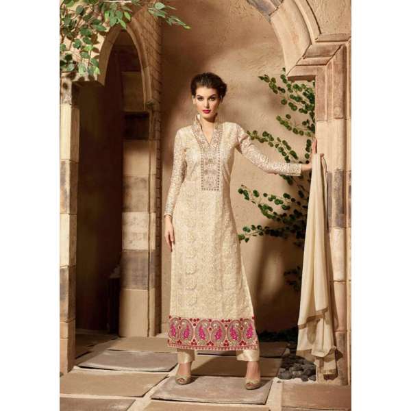 Fancy Party Dress Cream Embroidered Salwar Suit