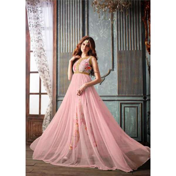 Elegant Gown Pink Net Embroidered Indian Party Maxi