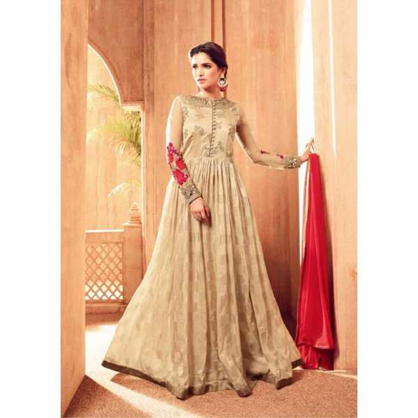 Beige Embroidered Anarkali Gown Designer Maxi Dress