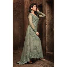 GREEN EMBELLISHED DESIGNER EVENING TAIL GOWN 