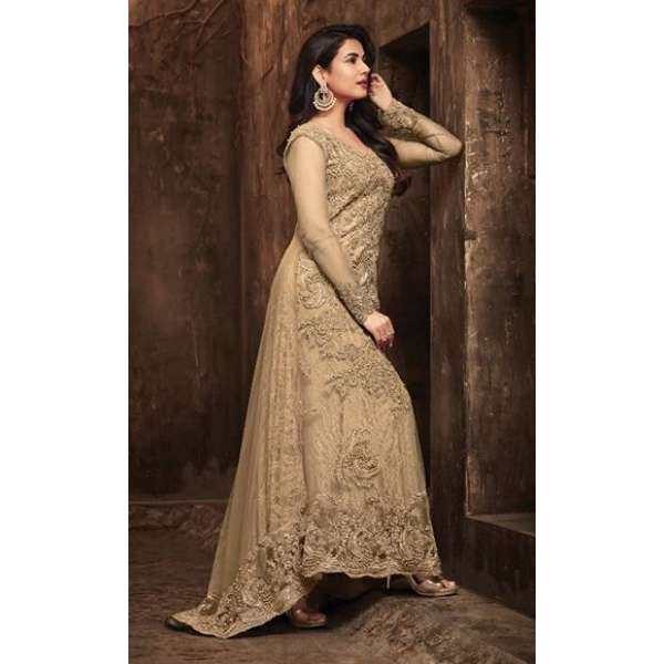 Beige Embellished Trail Dress Indian Party Wear Suit