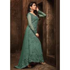 GREEN HEAVY EMBELLISHED INDIAN DESIGNER EVENING TRAIL GOWN 