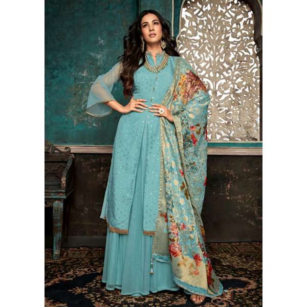 Aqua Blue Designer Lengha Suit 