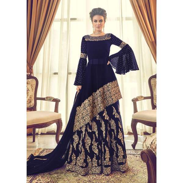 BLUE HEAVY EMBROIDERED INDIAN PAKISTANI WEDDING SHARARA LEHENGA