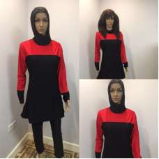 Red Long Sleeve Muslim Islamic Full Cover Black Costume Modest Swimwear Burkini