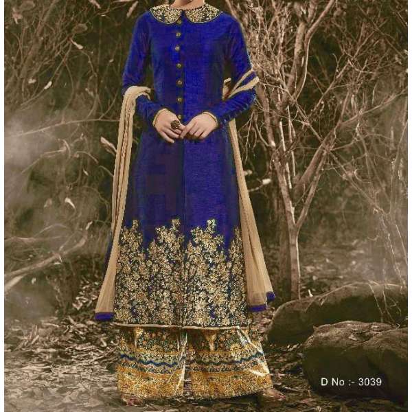 Royal Blue Indian Bhagalpuri Floor Length Party Wear Anarkali Suit 