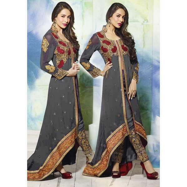 GL3801 GREY GLOSSY MALAIKA ARORA ANARKALI DRESS