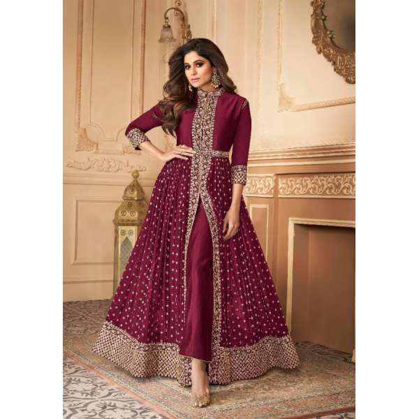 Maroon Indian Designer Party Wear Front Slit Anarkali Dress