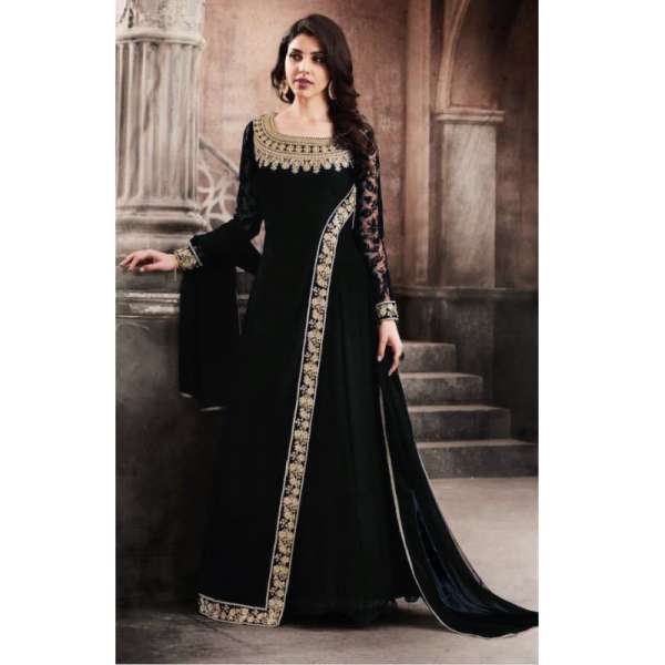 Black Modest Dress Maxi Gown Semi Stitched Party Suit