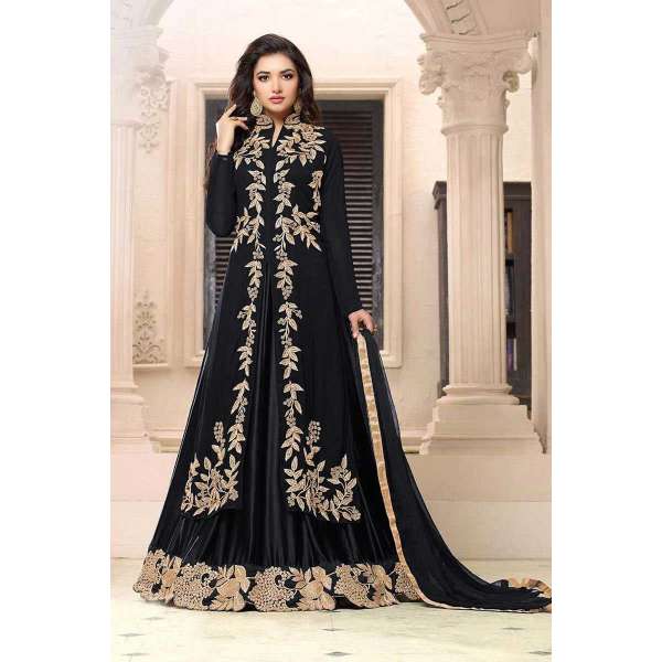 BLACK ETHNIC PARTY WEAR DESIGNER INDO WESTERN SLIT STYLE ANARKALI 