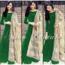 Green Designer Gown, Maxi Dress With Heavy Scarf 