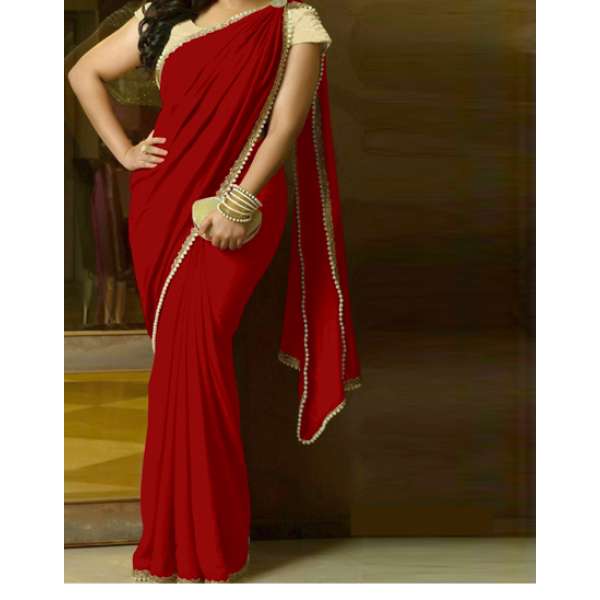 Z1 Stunning Georgette Pearl Embroidered Saree with heavy pearl blouse 