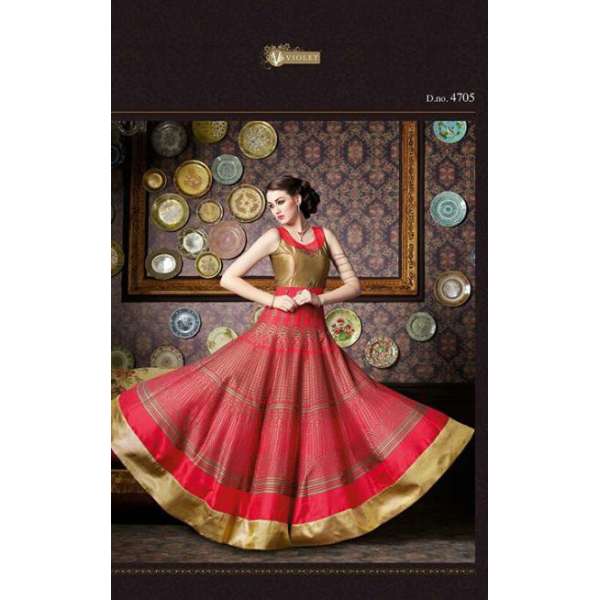 Red Gold Long Silk Dress Anarkali Suit Party Wear