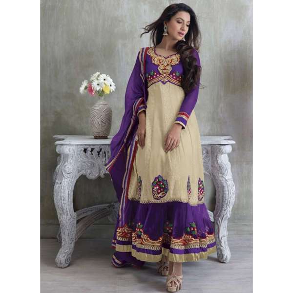 Gauhar Khan Beige And Purple Embroidered Anarkali Suit