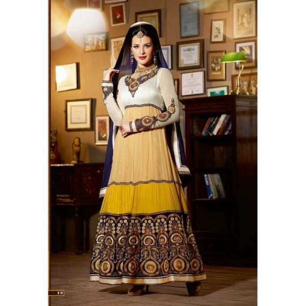 White and Yellow Jacqueline Fernandez KICK Anarakali Dress