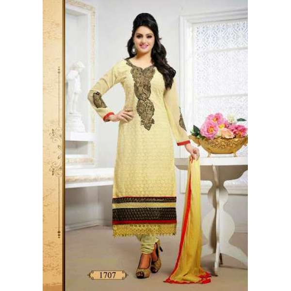 Cream Net Georgette Long Length Semi Stitched Salwar Kameez