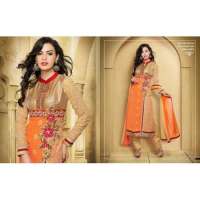 Orange and Beige ZOOL KEYAS 5 GEORGETTE LONG LENGTH STRAIGHT SUITS