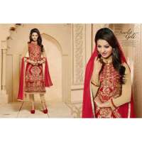 Red and Golden KEYAS 4 GEORGETTE LONG LENGTH STRAIGHT SUIT