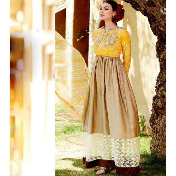 Beige Yellow Party Frock Anarkali Suit 