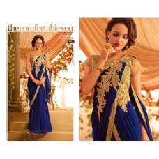 Blue and Gold GOWNS 2 WEDDING WEAR HEAVY EMBROIDERED GOWN READYMADE M/L SIZE
