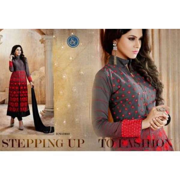 Grey & Red Indian Designer Suit Anarkali  