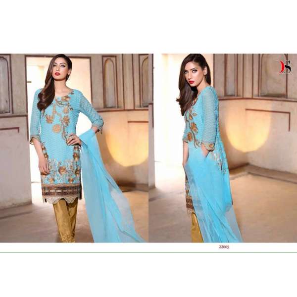 ZDS22001 SKY BLUE AND GOLD BAROQUE 3 BY DEEPSY GEORGETTE READY MADE EMBROIDERED SUIT IN MEDIUM SIZE