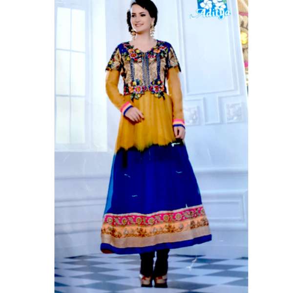 Orange Blue A-Line Embroidered Jacket Style Suit