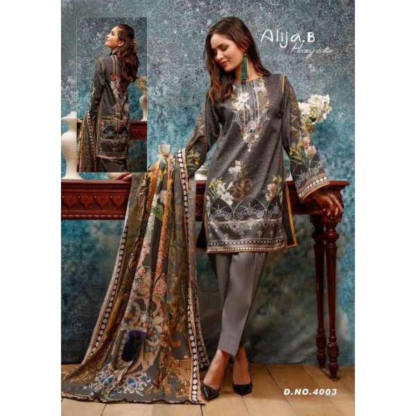 Dark Grey Floral Printed Cotton Salwar Suit
