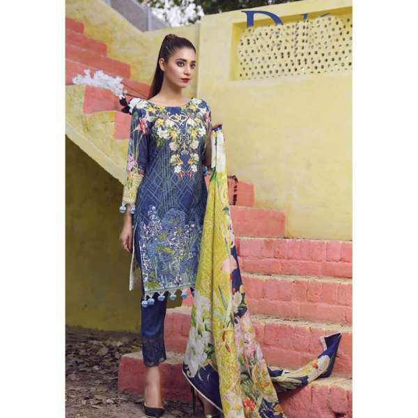 ESHAISHA D-16 BLUE LAWN EMBROIDERED SUMMER WEAR SUIT