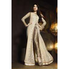 Bollywood Dress Cream Glossy Front Slit Gown 
