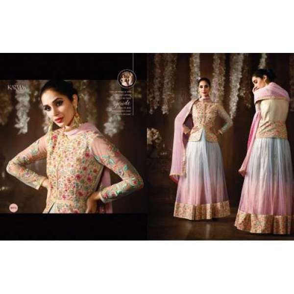 8076 BLUE AND PINK KARMA NET FABRIC HEAVY EMBROIDERED SHADED PARTY WEAR ANARKALI SUIT 