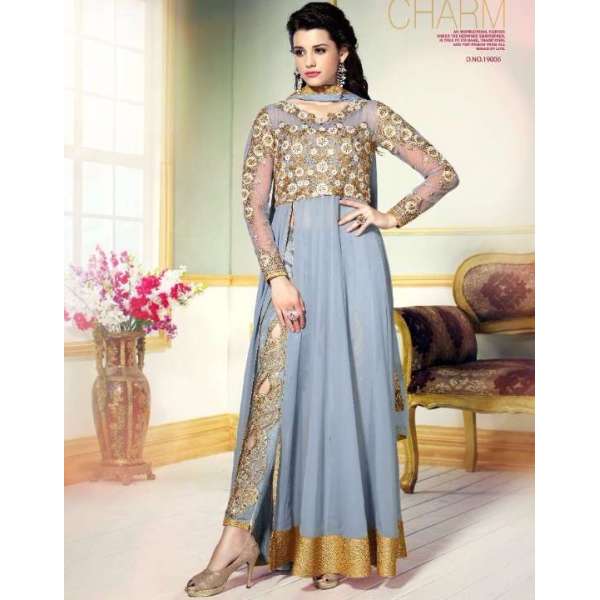L19006 SERENITY BLUE LAVINA HEAVY EMBRIODERD DESIGNER DRESS