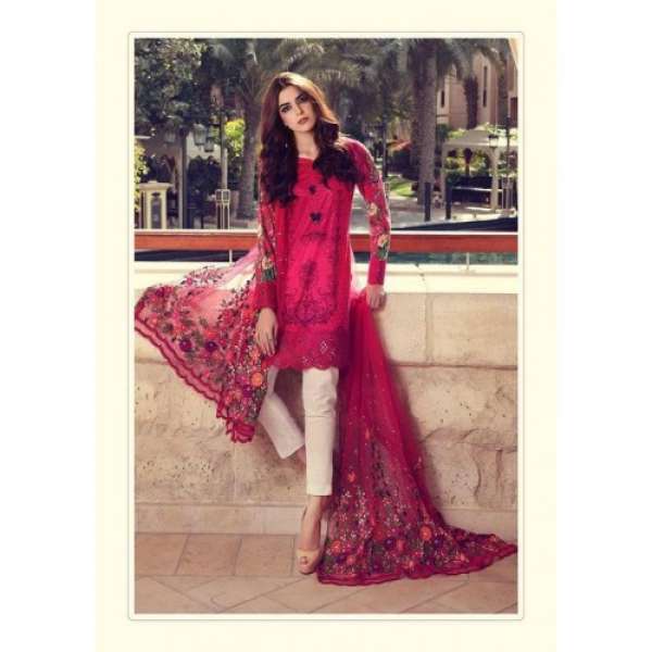 ZMB55001 DARK PINK MARIA B LAWN EMBROIDERED AND PRINTED PAKISTANI STYLE READY MADE SUIT 