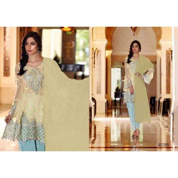 ZMB-4035 BEIGE AND BLUE MARIA B STYLE PAKISTANI SALWAR KAMEEZ SUIT