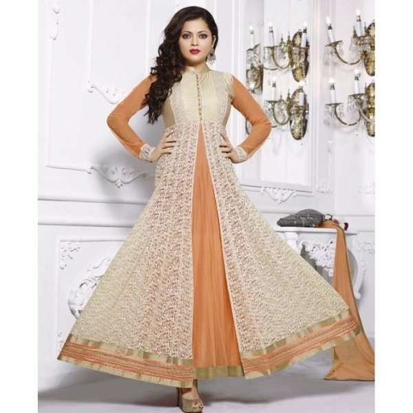 White & Orange Jacket Style Anarkali Suit