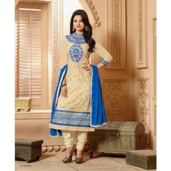 Beige & Blue Georgette Straight Cut Salwar Suit