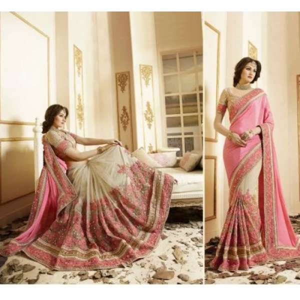 PINK AND BEIGE BRIDAL WEDDING WEAR INDIAN STYLISH SAREE
