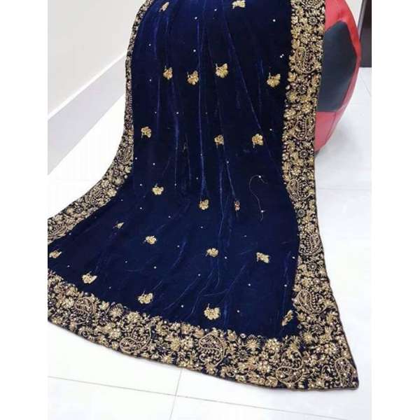 Long Blue Embroidered Velvet Shawl