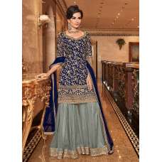 Blue and Grey Embroidered Gharara Suit