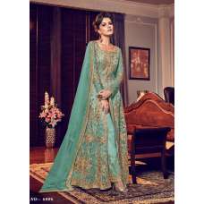 TEAL GREEN INDIAN HEAVY EMBROIDERED PARTY WEAR SLIT DRESS