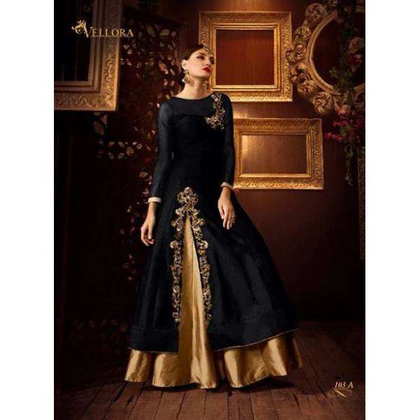 BLACK AND GOLD TAFFETA SILK LEHENGA DRESS